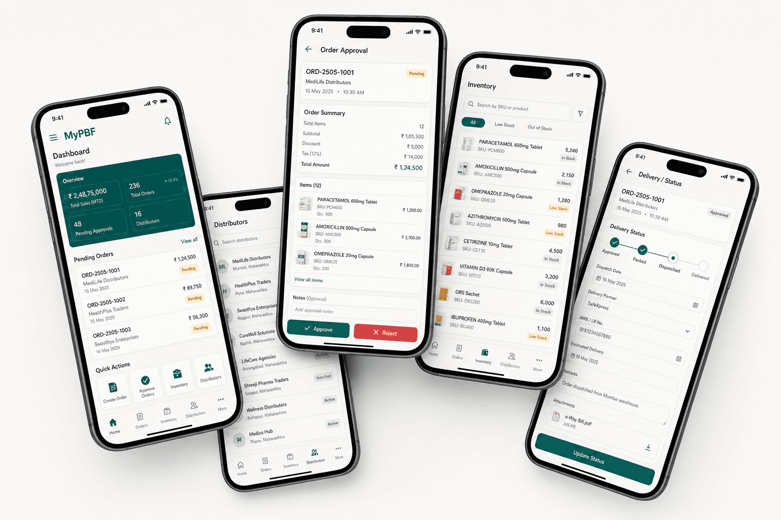 Overlapping phone mockups of the MyPBF pharmaceutical trade app showing orders, approvals, inventory, and distributor screens